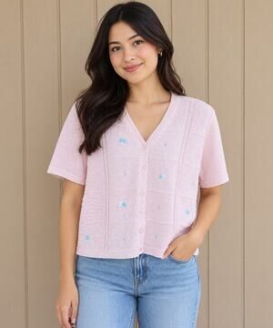 Summit Hill XL Pink Knit Cardigan Short Sleeve Button Front Embroidered Details